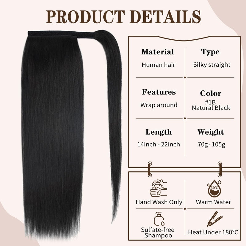 FAAAL 14 inch Ponytail Extension Human Hair 70g #1B Natural Black 100% Remy Hair Ponytail Long Straight Wrap Around Ponytail Clip in Hair Extensions One Piece Hairpiece for Women - Image 2